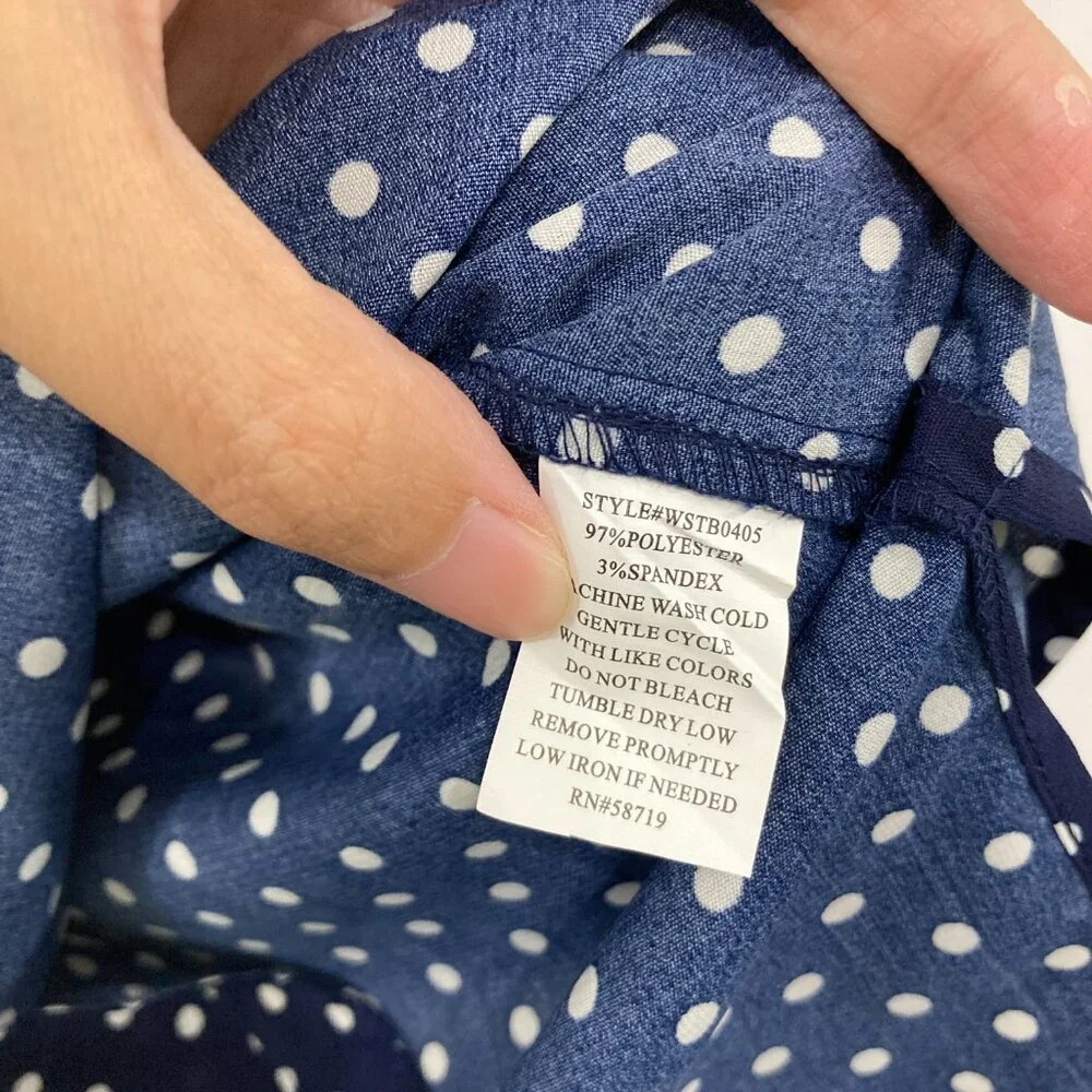 Notations Navy Blue Polka Dot, Lightweight, poly SOFT drape Shirt. Like NEW! - Picture 9 of 11